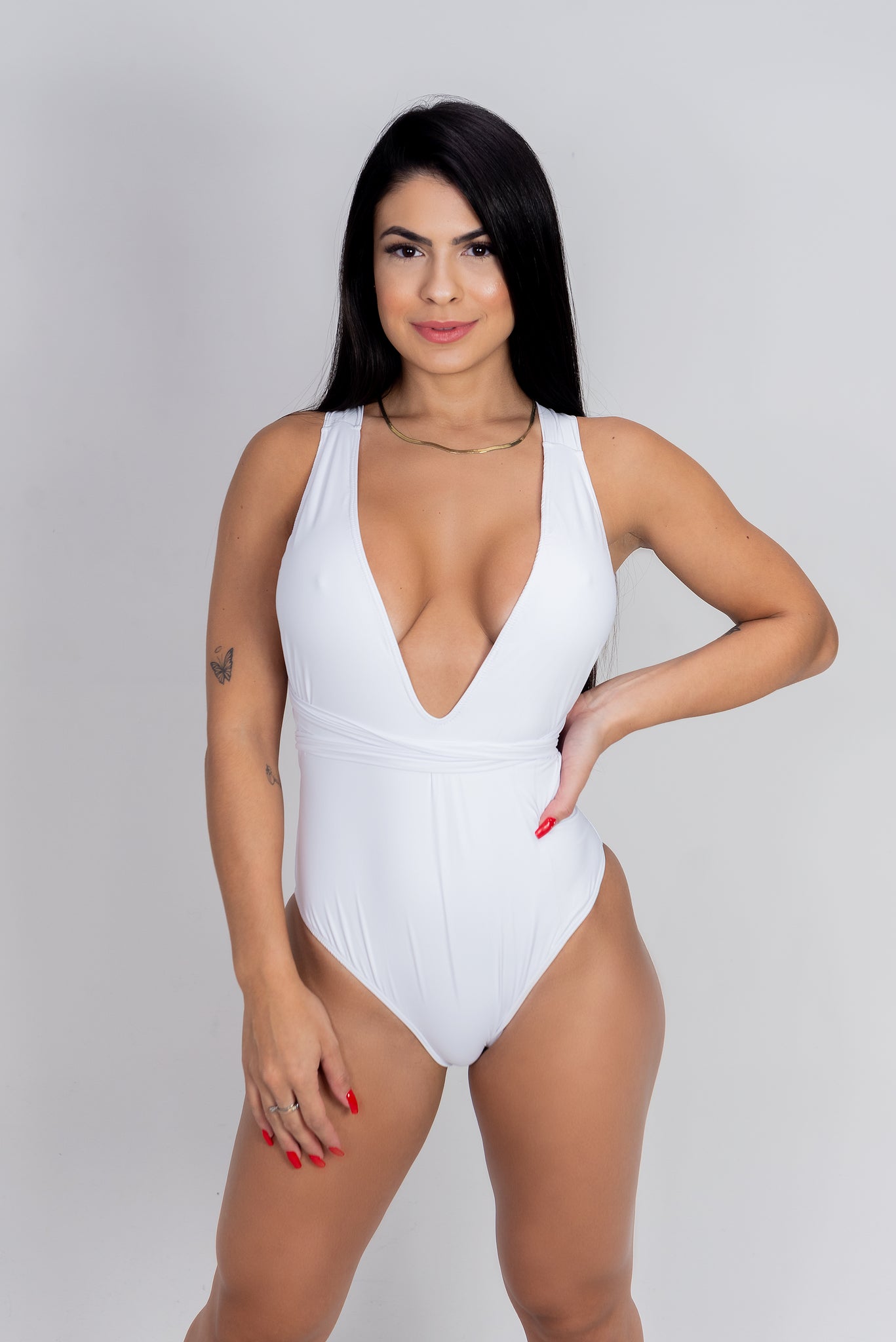 White V Neck Self Tie Criss-Cross Swimsuit